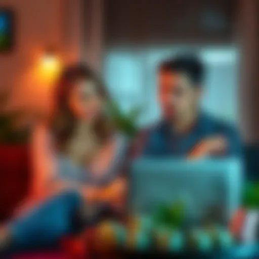 A couple sitting together, talking about their journey to overcome gambling addiction. They appear focused and determined, with a laptop showing blocked gambling websites in front of them.
