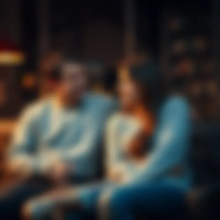 A couple sits together looking concerned while talking about their relationship, with a thoughtful expression on their faces.