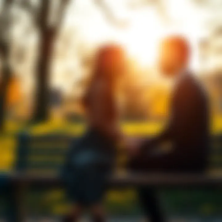 A couple sitting on a bench, holding hands and looking into each other's eyes in a sunny park setting.
