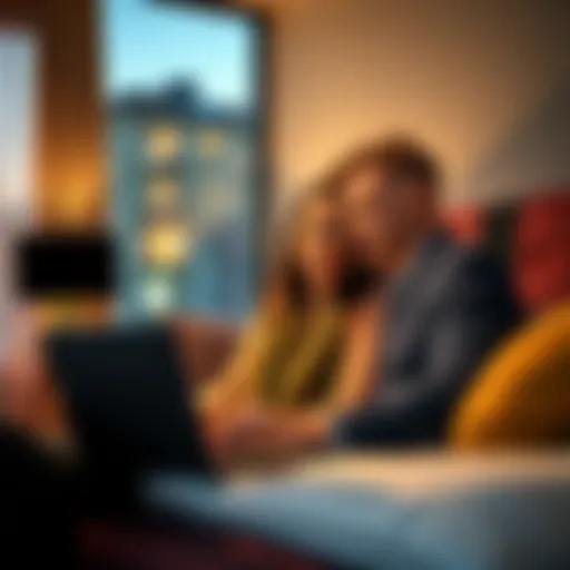 A couple looking at hotel booking details on a laptop, concerned about overlapping reservations.