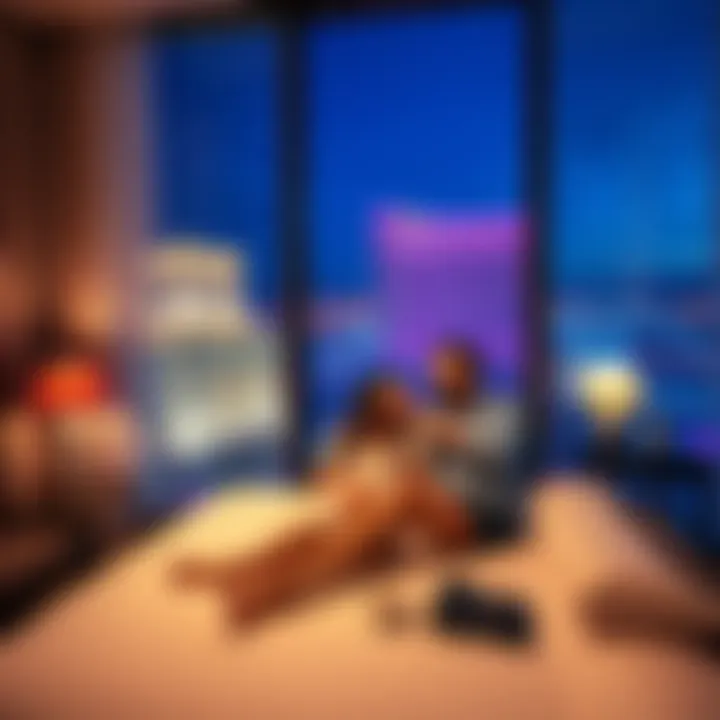 A happy couple relaxing in a luxurious suite at Mandalay Bay, with elegant decor and a stunning view.