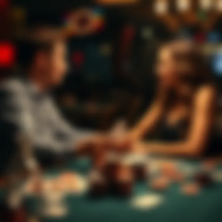 A man and woman sitting at a table, talking about poker while cards are spread out in front of them, showing concern and interest in each other's perspectives.