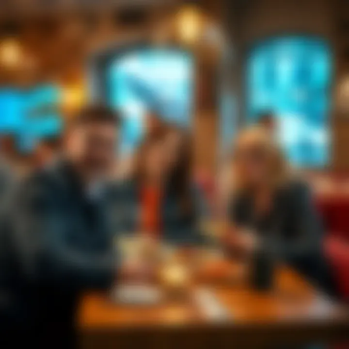 A couple smiling with a third person at a cozy restaurant table, all looking happy while sharing a meal.