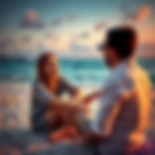 A couple sitting on a beach, looking upset while discussing their issues during their honeymoon.
