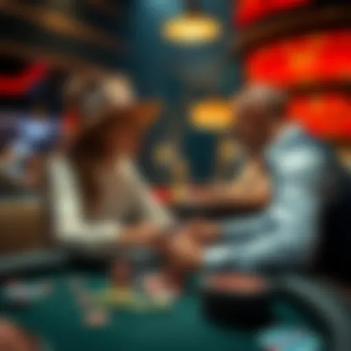 A man and woman sitting at a casino table looking at cards, surrounded by chips and a lively atmosphere.