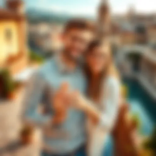 Happy couple in a scenic Spanish setting, celebrating their engagement with a ring and smiles