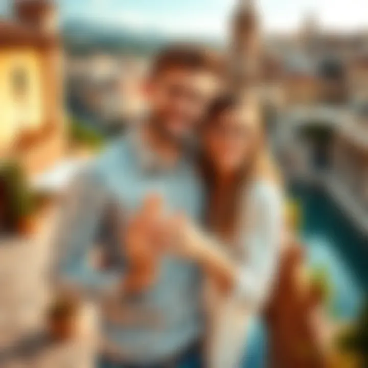 Happy couple in a scenic Spanish setting, celebrating their engagement with a ring and smiles