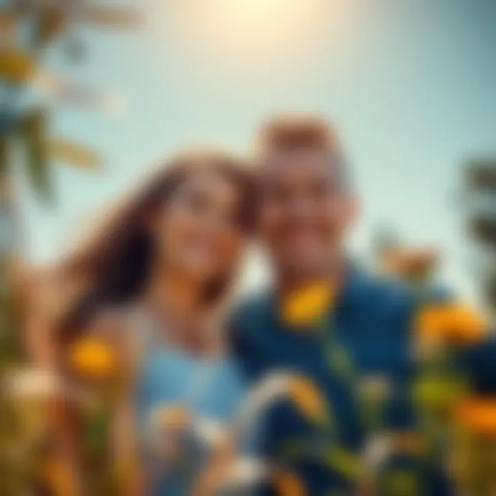 A man and woman smiling joyfully together outdoors, surrounded by nature, symbolizing new opportunities