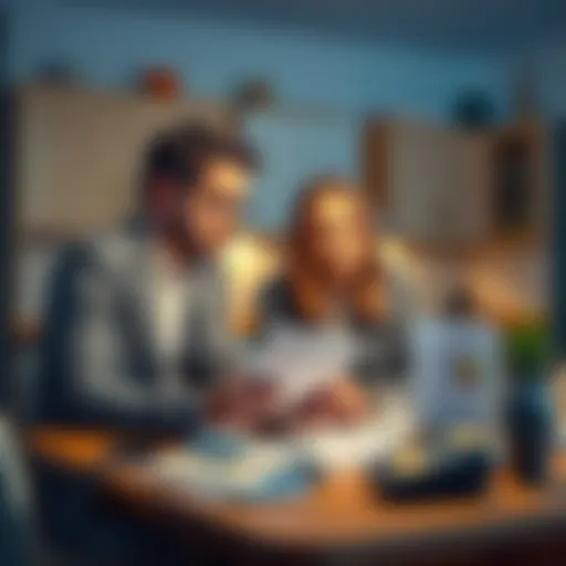 Couple Facing Financial Stress A worried couple sitting at a kitchen table, reviewing bills and discussing financial struggles due to gambling addiction.