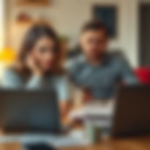 A woman looking worried as she checks her phone, with bills and a laptop on the table, while a man observes her expression. They are in a home setting.
