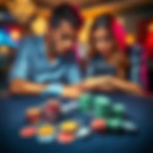 A couple sitting at a table, one looking distressed and the other focused on a pile of gambling chips, symbolizing the impact of gambling addiction on their relationship.
