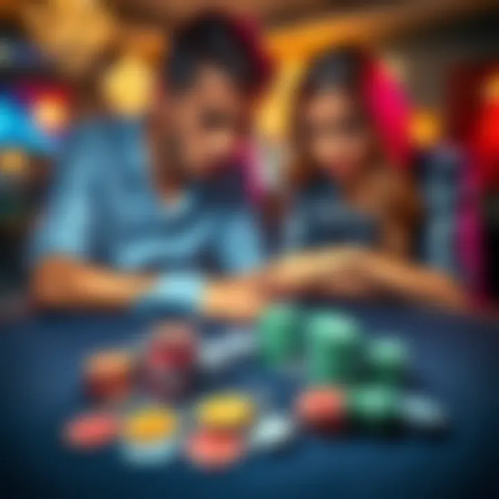 A couple sitting at a table, one looking distressed and the other focused on a pile of gambling chips, symbolizing the impact of gambling addiction on their relationship.