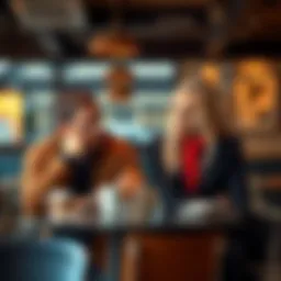 A man and woman sitting at a cafe table, looking concerned as they discuss money matters related to coffee and lunch expenses.