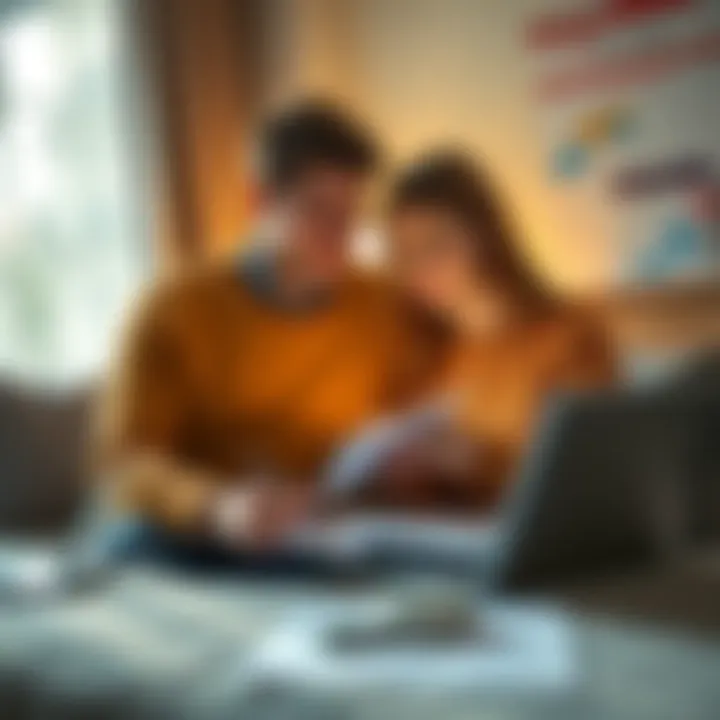 A couple discussing their hotel booking for September, looking at a laptop and notes, with a calendar in the background.
