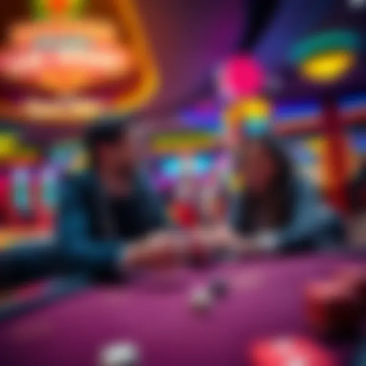 A couple laughing and playing Bubble Craps at a casino in Las Vegas, with dice flying off the table and bright lights around them