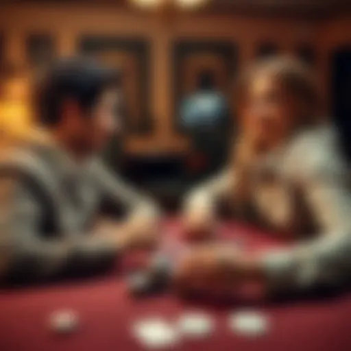 A couple sitting at a table playing poker, showing expressions of concentration and enjoyment, with cards and chips spread out in front of them.