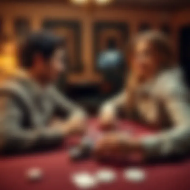 A couple sitting at a table playing poker, showing expressions of concentration and enjoyment, with cards and chips spread out in front of them.