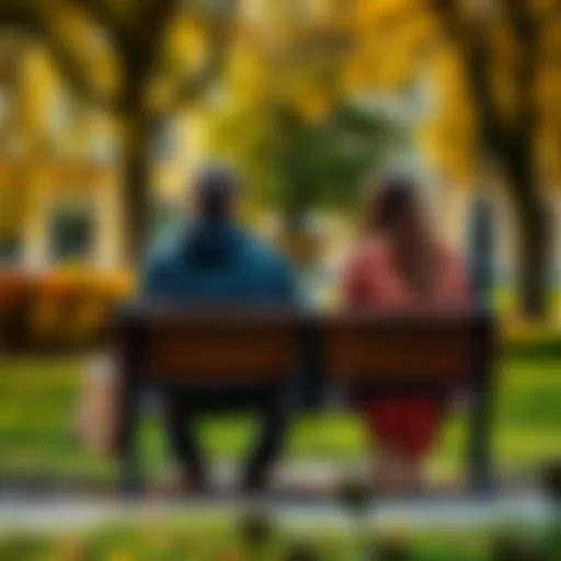 A thoughtful couple sitting on a park bench, discussing their past relationships, with a focus on their ex-partners.