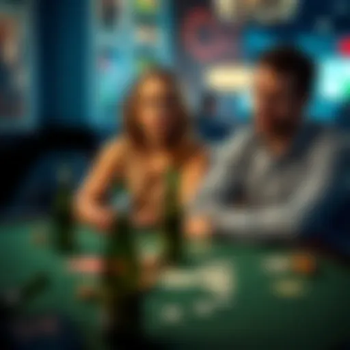 A woman looks worried while her partner sits at a table, focused on gambling. Empty bottles and cards are scattered around them, hinting at their troubled relationship.
