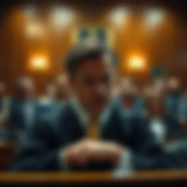 A courtroom with a judge looking somber and people in the background expressing concern about an unexpected ruling.