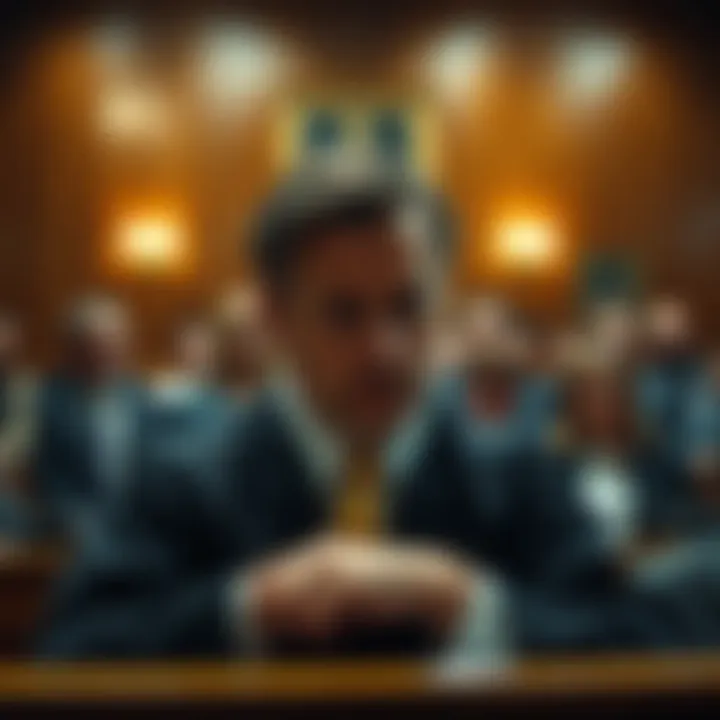 A courtroom with a judge looking somber and people in the background expressing concern about an unexpected ruling.