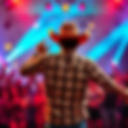 A person in a cowboy hat dancing joyfully to the music, surrounded by colorful lights and a cheering crowd.