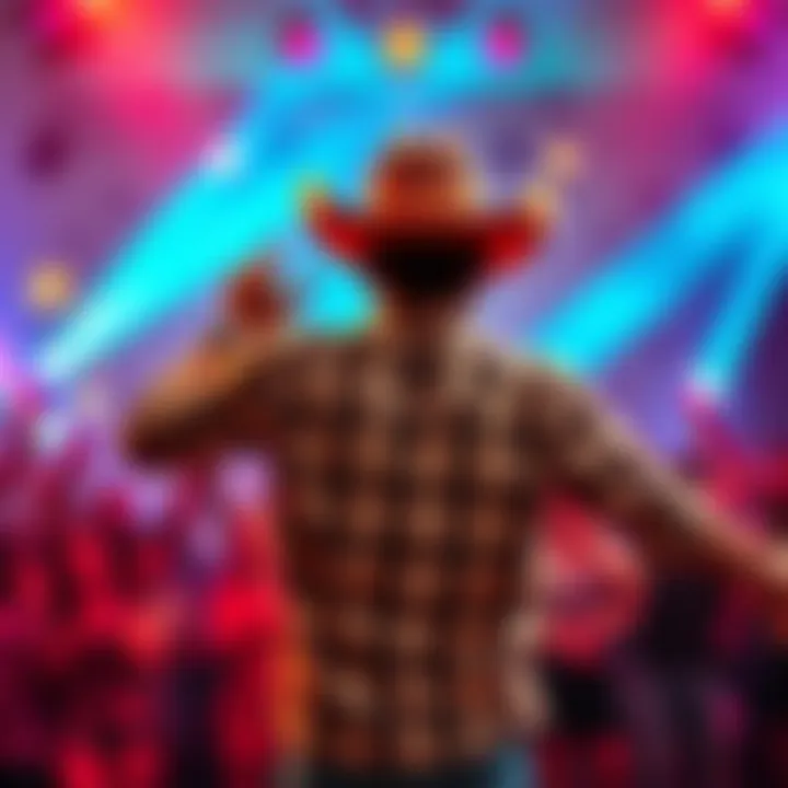 A person in a cowboy hat dancing joyfully to the music, surrounded by colorful lights and a cheering crowd.