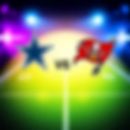 Cowboys vs Buccaneers Thursday Night Football Dallas Cowboys and Tampa Bay Buccaneers logos with a football background for Thursday night game