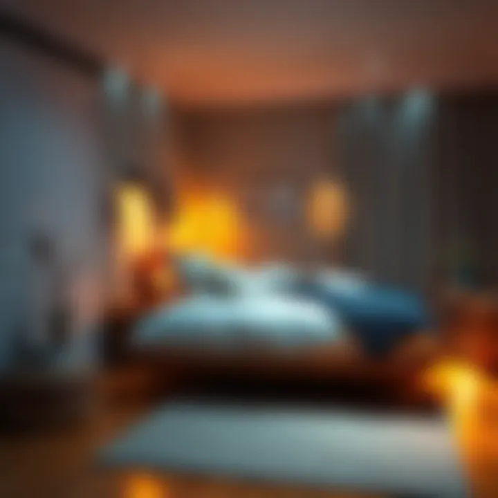 Cozy bedroom setup A well-arranged bedroom with soft lighting and comfortable bedding for a relaxing night.