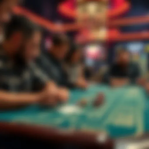 A group of players analyzing a craps table with dice and betting chips in a casino setting.