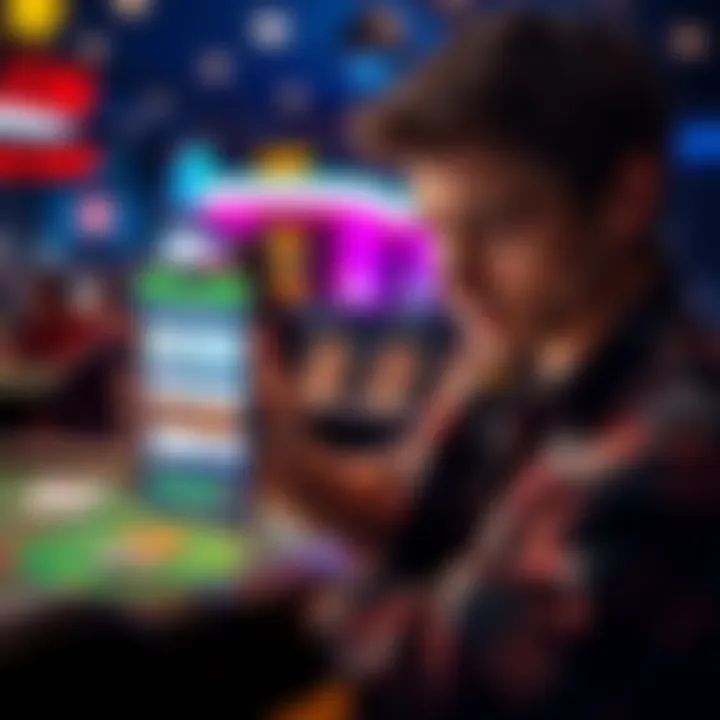 A frustrated player looking at a smartphone with a poorly designed craps app interface, showing confusing buttons and prompts for in-app purchases