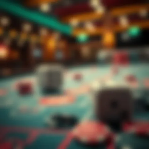 A close-up of two dice being rolled on a Craps table with chips scattered nearby