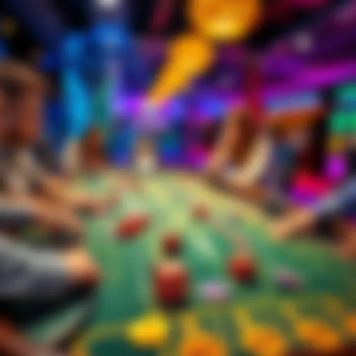 A lively scene of players at a crypto casino table enjoying a game of craps with colorful chips and dice.