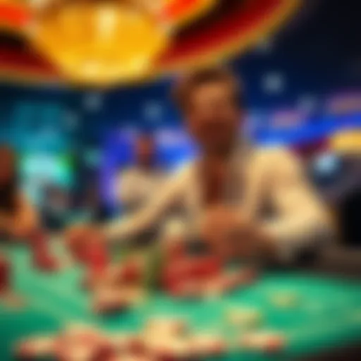 A player joyfully rolls dice during an exciting craps session with friends at Encore, with chips piled high on the table.
