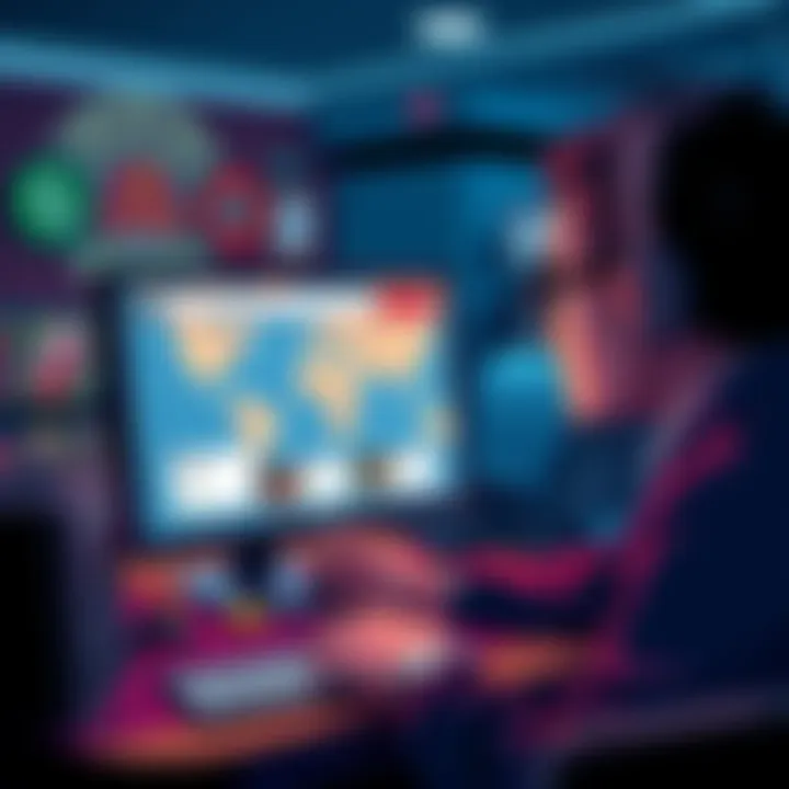 A person looking at a computer screen with a VPN service, searching for online Craps games in different countries.