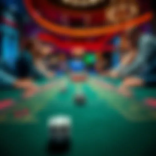 A close-up of a craps table with dice, showing players gathered around as one player prepares to roll the dice