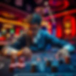 A focused player at a craps table, studying the dice and game rules, while surrounded by chips and dice.