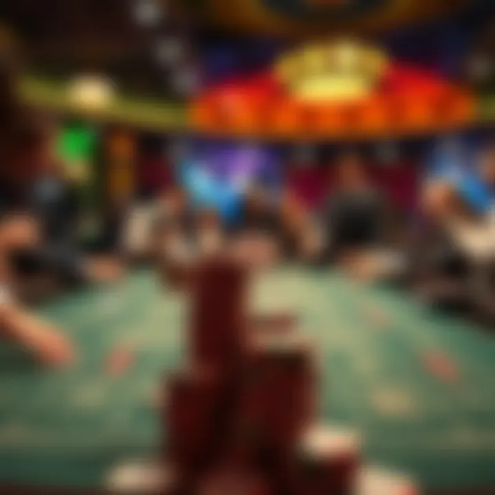 A lively craps table with players engaged, colorful chips stacked, and dice in mid-air, capturing the excitement of breaking tradition and enjoying conversation.