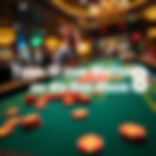A lively craps table in a casino with players placing bets on the 6 and 8 options, colorful chips scattered around.