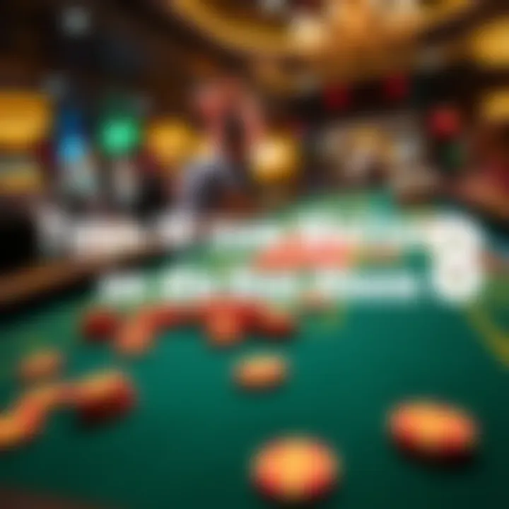 A lively craps table in a casino with players placing bets on the 6 and 8 options, colorful chips scattered around.