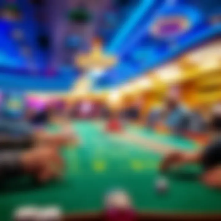 A vibrant craps table in a casino with people placing bets and rolling dice