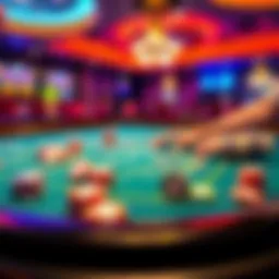 Craps table with chips A craps table with colorful chips and a player making a bet, representing strategy in a casino setting.