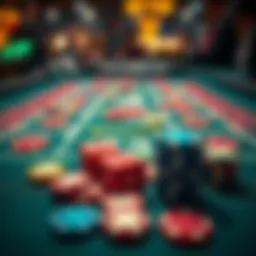 A close-up of a craps table showing colorful chips and dice ready for play.