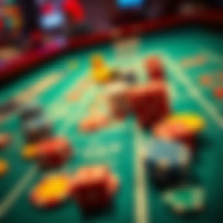 A craps table featuring colorful chips and dice in play, highlighting the excitement of betting and strategy in the game.