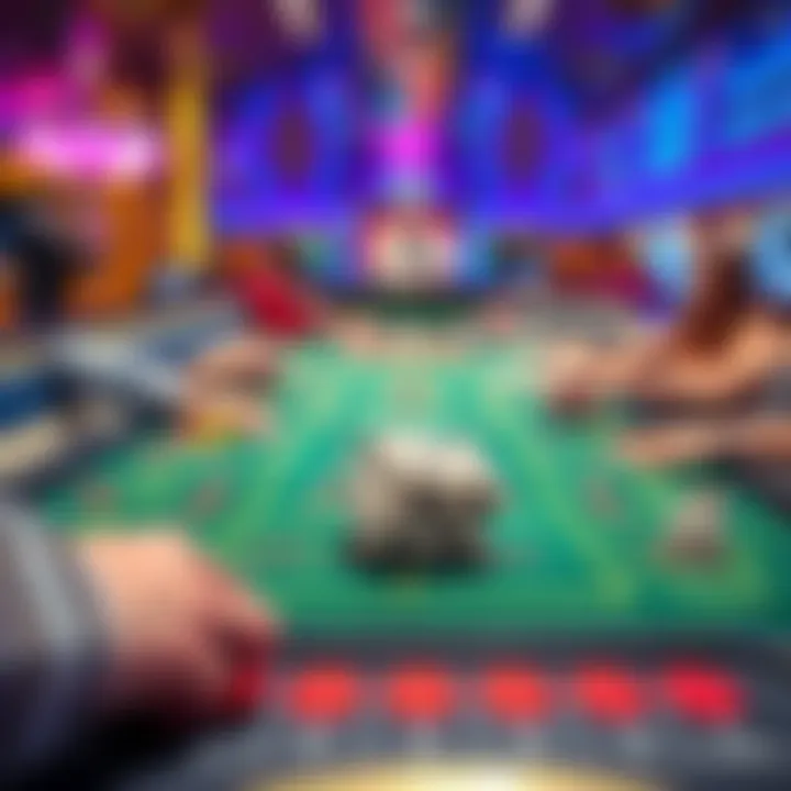 A craps table with players and a dealer on a cruise ship casino, showcasing dice and chips during a game.