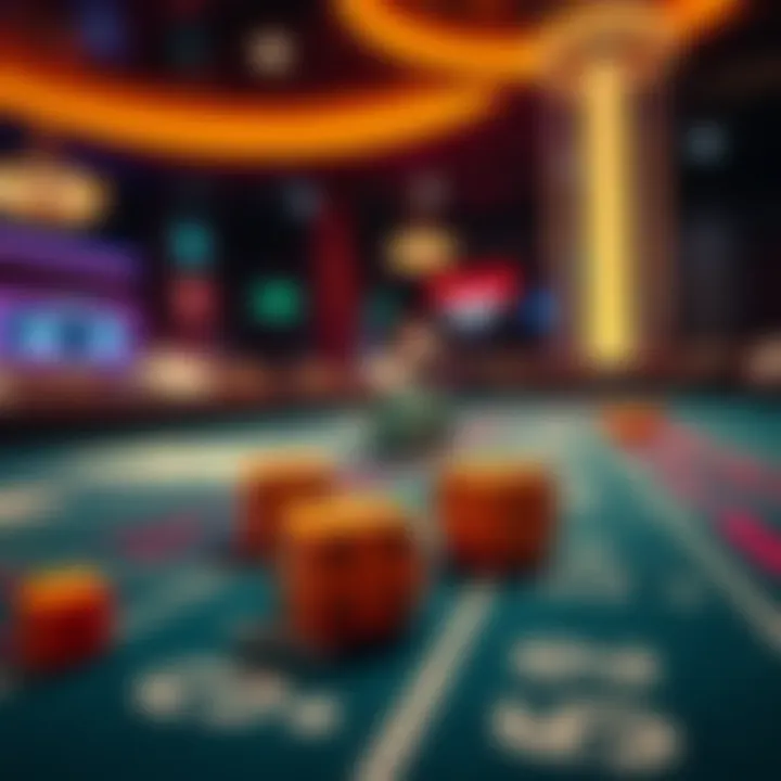 A craps table with dice and betting options, showcasing a lively casino atmosphere in Las Vegas.