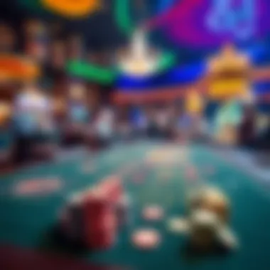 A craps table in a lively Las Vegas casino with people playing and colorful chips on the table