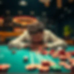 A player looks frustrated at a craps table after losing money, with dice scattered on the table and chips in disarray.