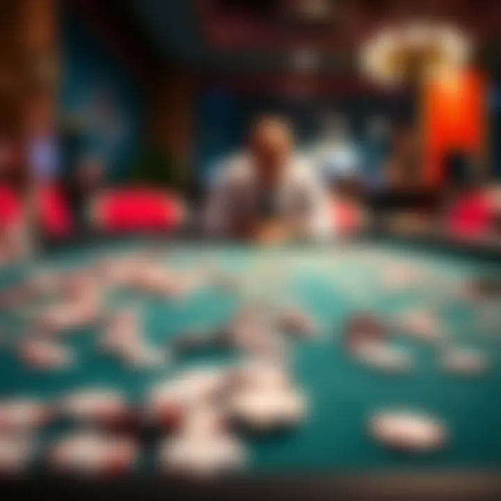 A craps table with scattered chips and a worried player looking at their losses, reflecting the emotional stress of gambling.