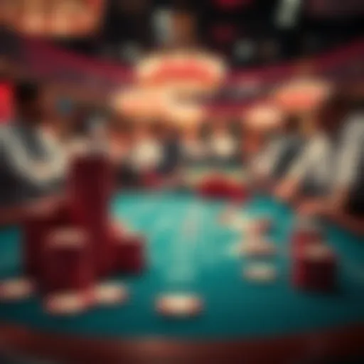 A craps table showing red chips stacked, with tense dealers and players focused on the game.